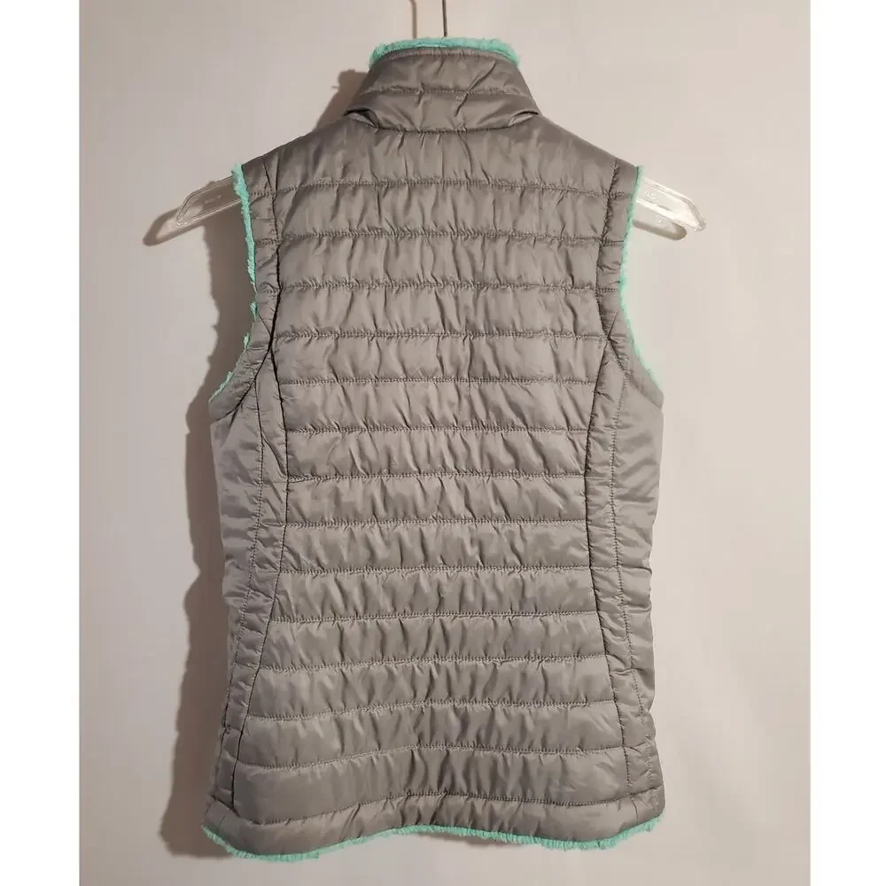The North Face Mossbud Swirl Quilted Reversible Vest Girls Size M Gray Turquoise